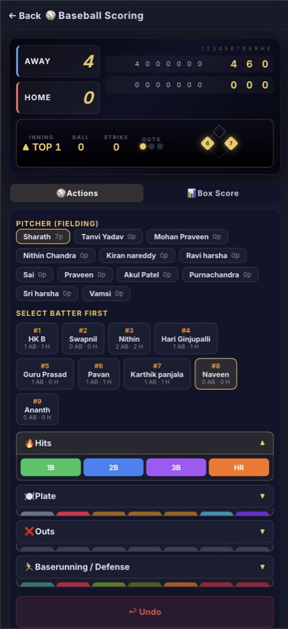 Baseball scoreboard on the Statewide Sports Hub app