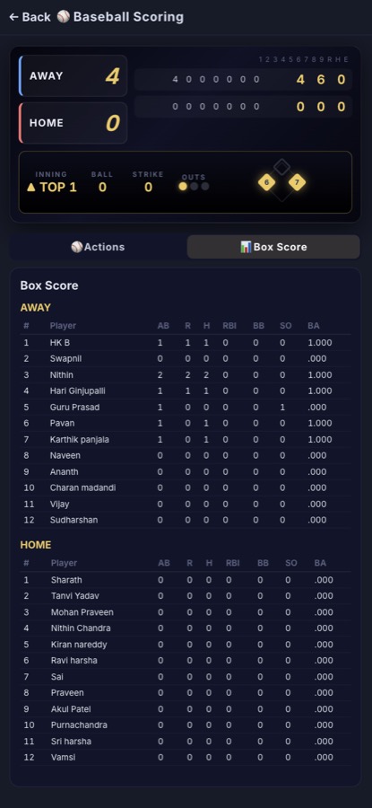 Baseball box score and standings on the app