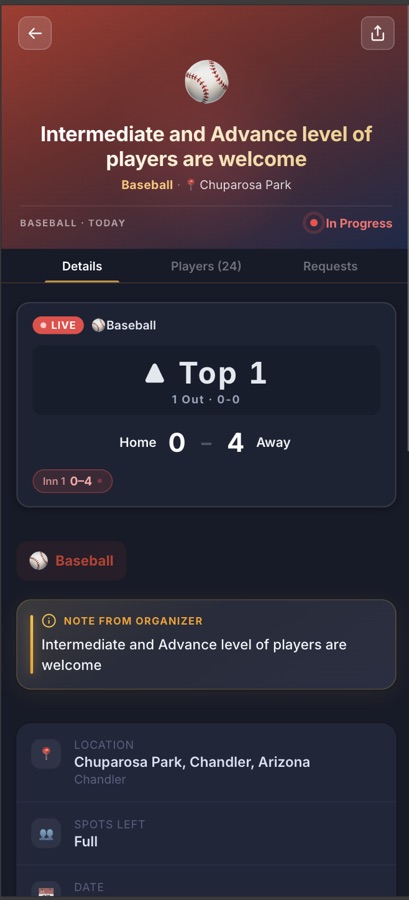 Baseball tournament details on the Statewide Sports Hub app