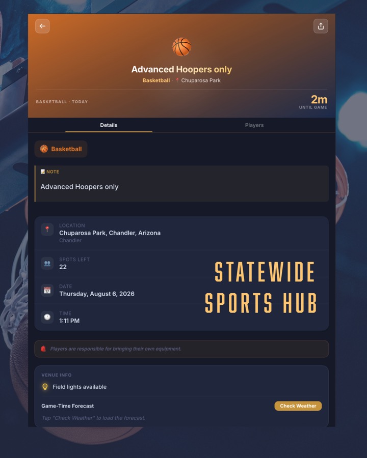 Basketball league screen on the Statewide Sports Hub app