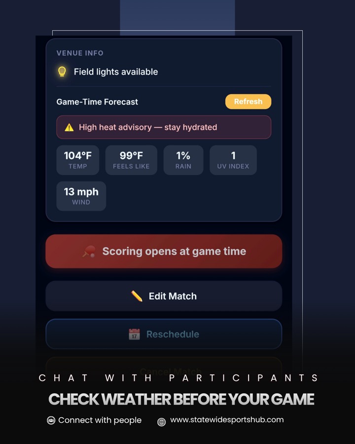 Soccer league screen on the Statewide Sports Hub app