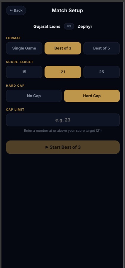 Badminton league screen on the app