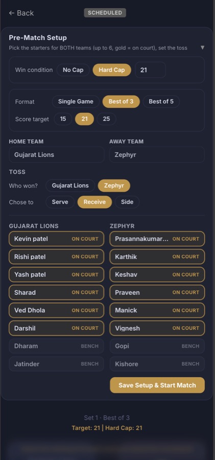 Badminton scoring screen on the app