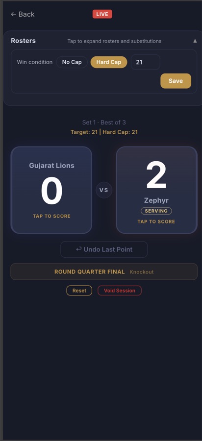 Badminton app screen on the Statewide Sports Hub app